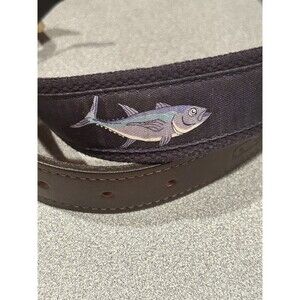 Vineyard Vines Fish Belt Navy Blue Brown Leather Nautical Marine Size 30
